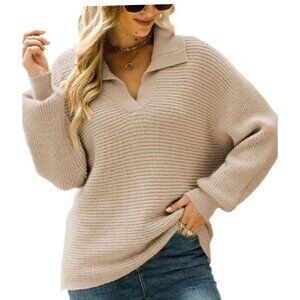 Merokeety Women Long Sleeve V-Neck  Neck Loose Oversized  Tunic Top brown Size L